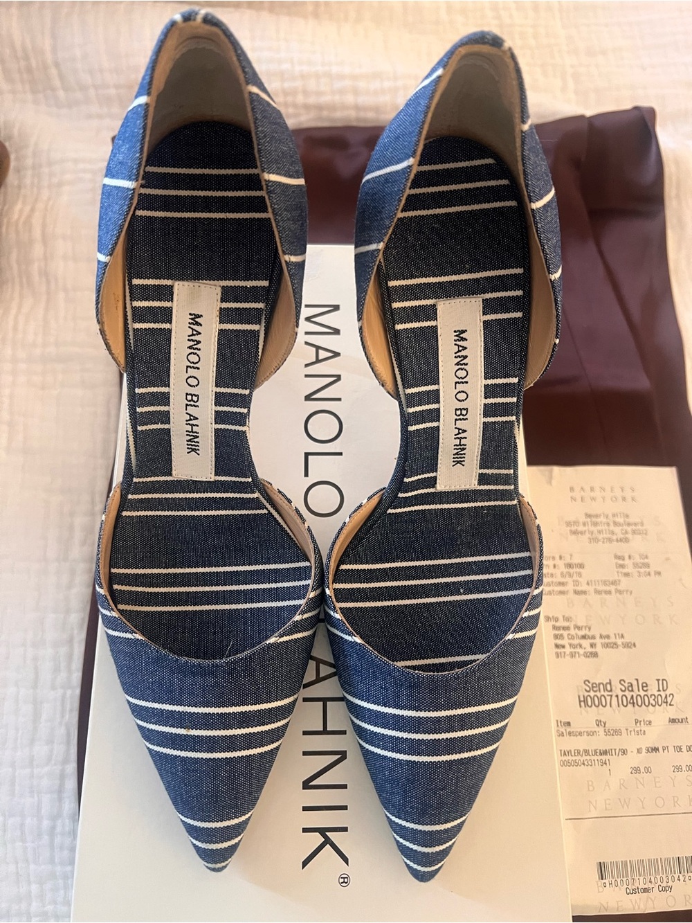 Manolo Blahnik Navy and White Striped Pointed-Toe heels